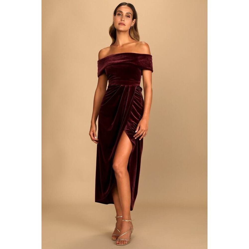 Lulus I'm Enchanted Burgundy Velvet Off-the-shoulder Maxi Dress Red - Size XL